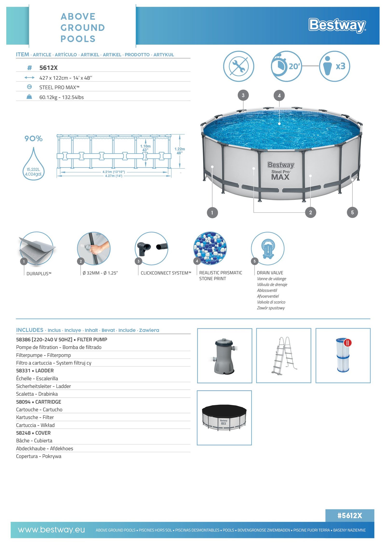 Bestway 5612X | Size 14.0 x 14.0 x 4.00 Ft | Steel Pro MAX Round Metal Frame Portable Ready-Made Swimming Pool - Image 7