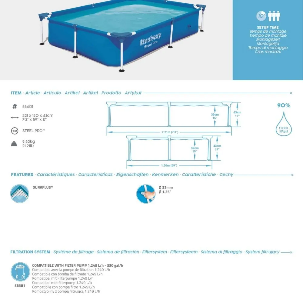 Bestway 56401 | Size 7.3 x 4.9 x 1.30 Ft | Steel Pro Rectangular Metal Frame Portable Above Ground Swimming Pool - Image 7