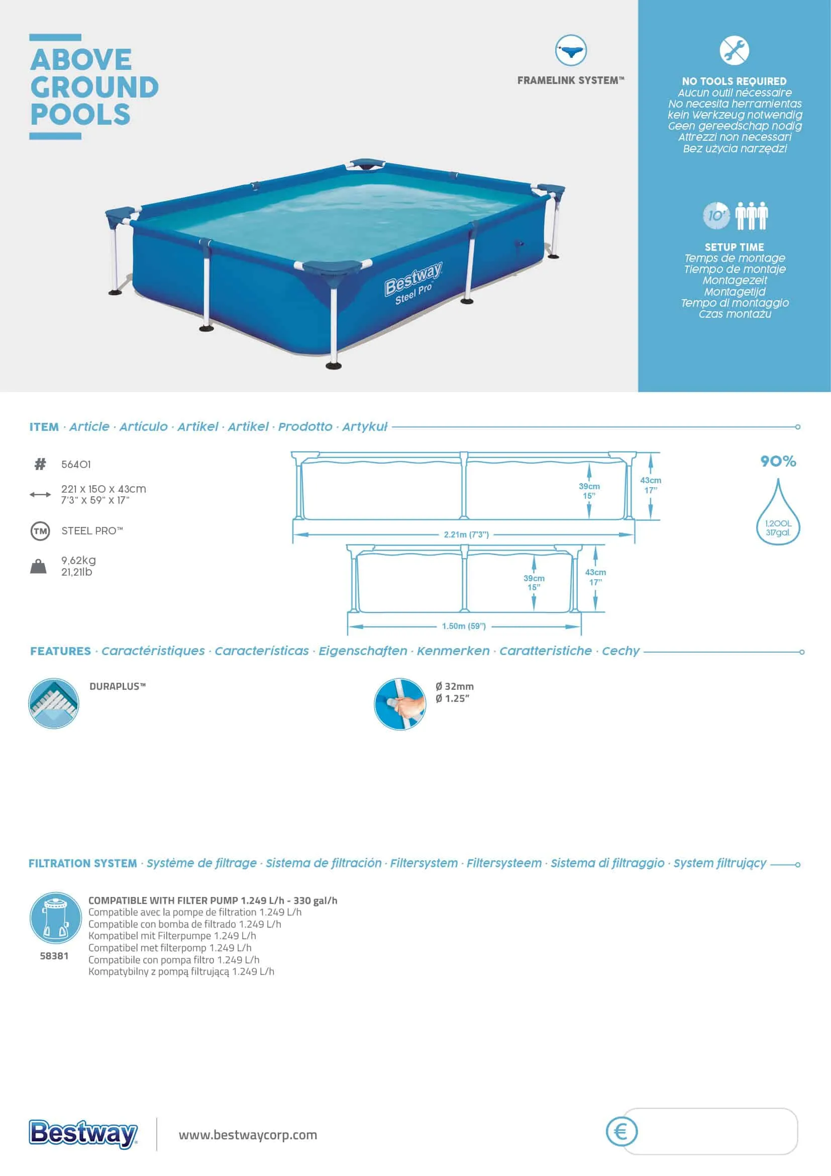 Bestway 56401 | Size 7.3 x 4.9 x 1.30 Ft | Steel Pro Rectangular Metal Frame Portable Above Ground Swimming Pool - Image 7