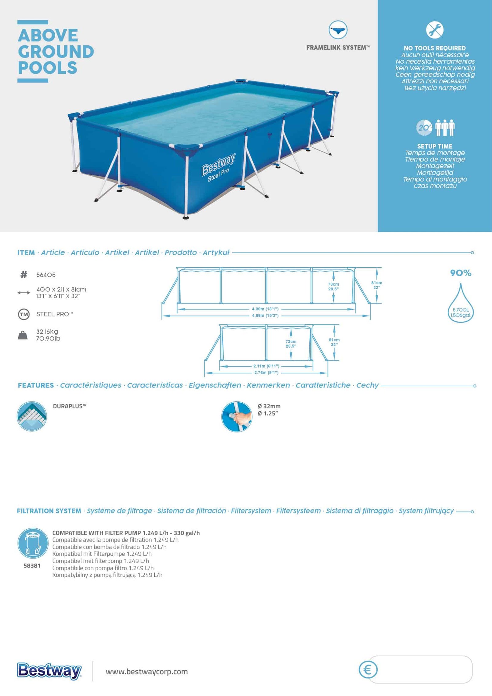 Bestway 56405 | Size 13.1 x 6.11 x 2.60 Ft | Steel Pro Rectangular Metal Frame Portable Ready-Made Swimming Pool - Image 9
