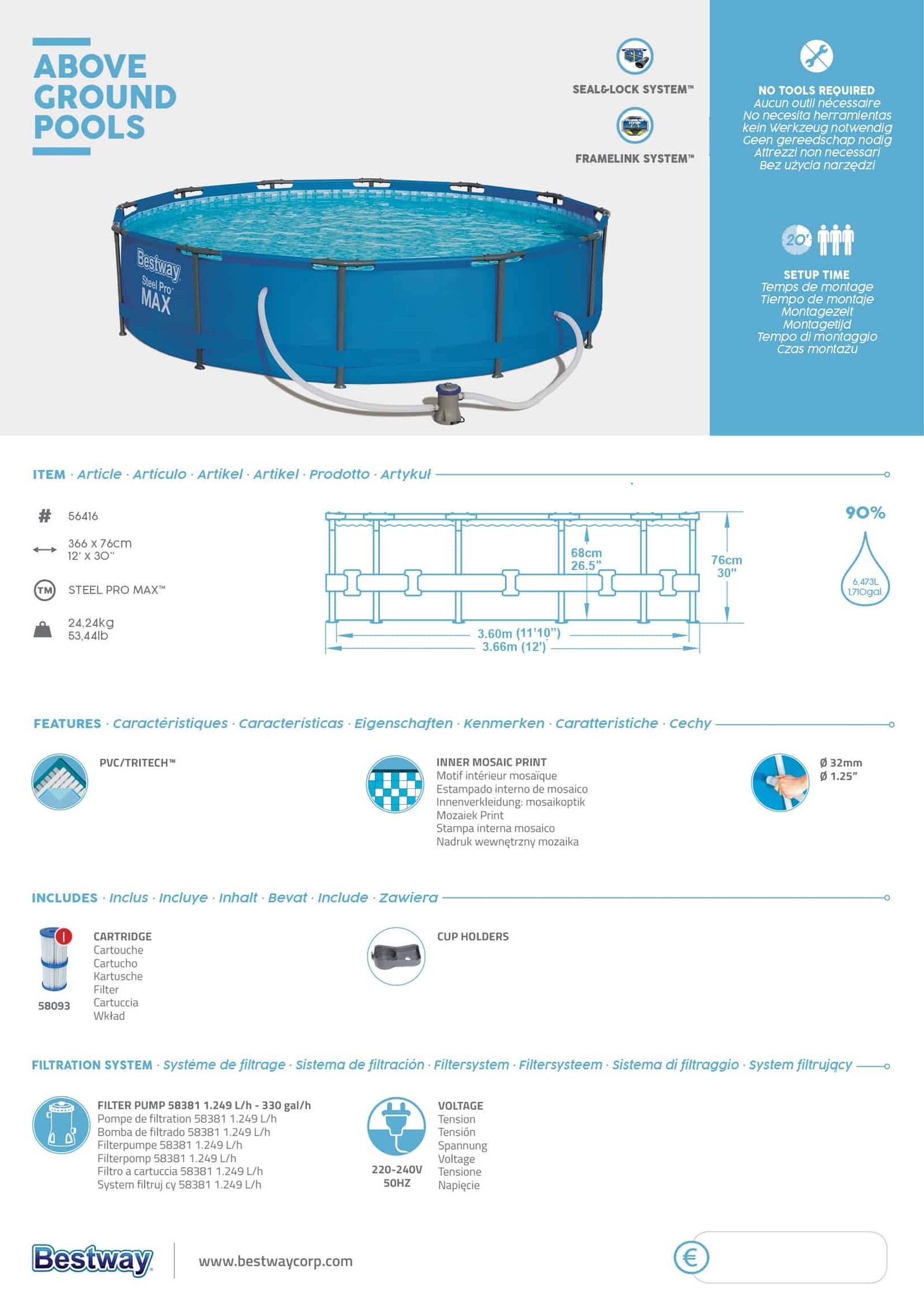 Bestway 56416 | Size 12.0 x 12.0 x 2.50 Ft | Steel Pro MAX Round Metal Frame Portable Ready-Made Swimming Pool - Image 6