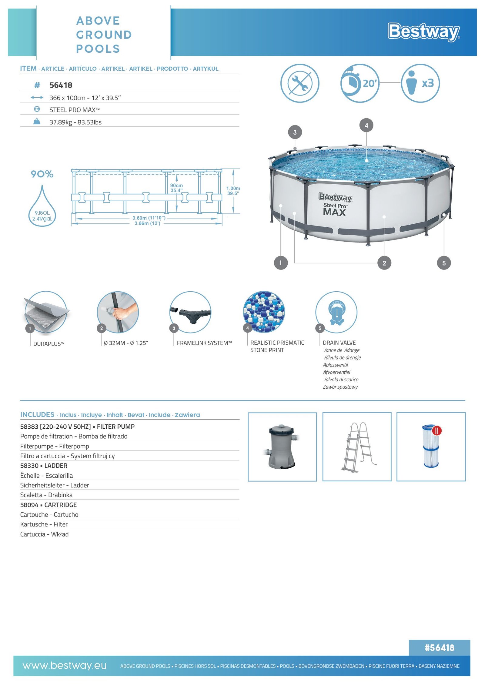 Bestway 56418 | Size 12.0 x 12.0 x 3.30 Ft | Steel Pro MAX Round Metal Frame Portable Ready-Made Swimming Pool - Image 8
