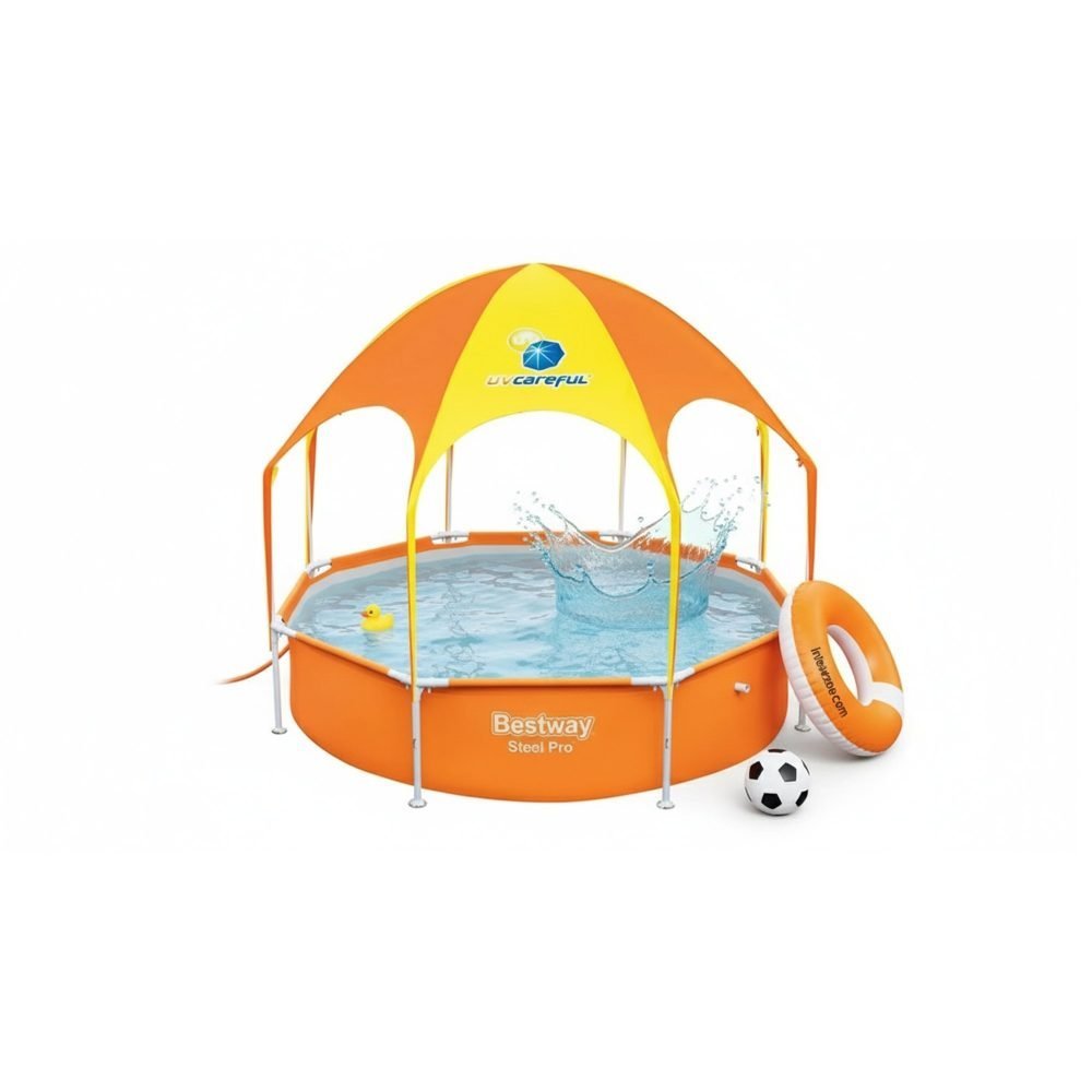 Bestway 56432 | Size 8.0 x 8.0 x 1.30 Ft | Round Metal Frame Portable Ready-Made Swimming Pool with Canopy