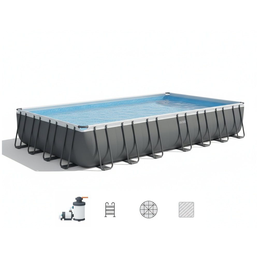 Bestway 56623 | Size 31.4 x 16.0 x 4.33 Ft | Power Steel Rectangular Metal Frame Portable Ready-Made Swimming Pool