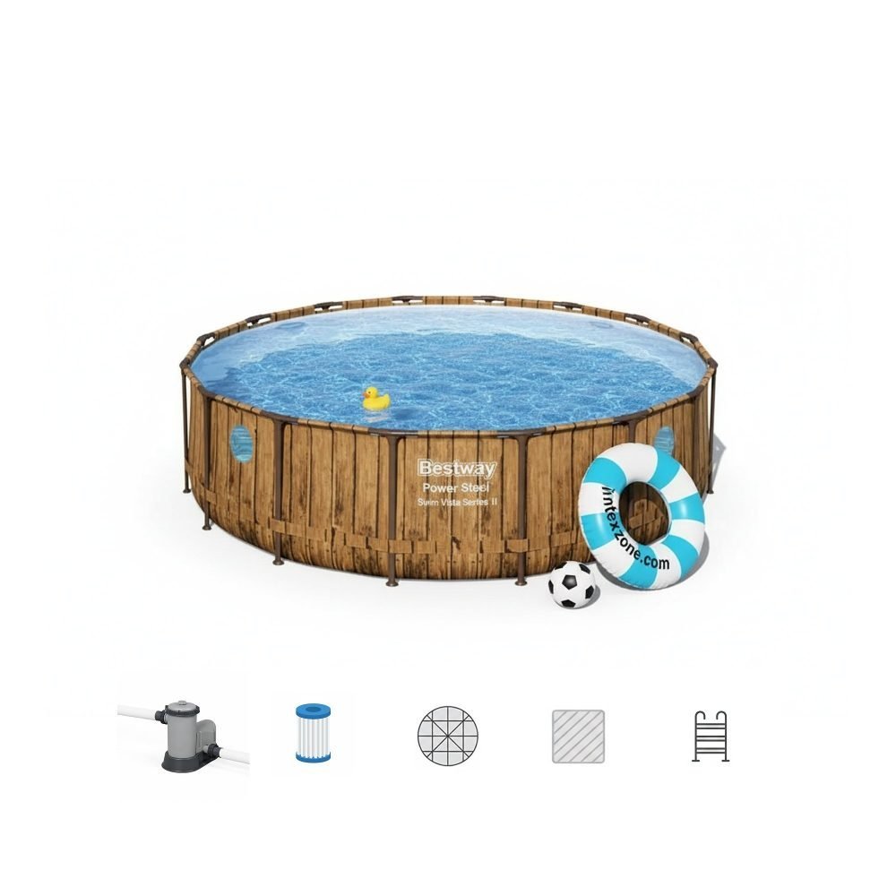 Bestway 56725 | Size 16.0 x 16.0 x 4.00 Ft | Power Steel Vista Series Round Metal Frame Portable Ready-Made Swimming Pool
