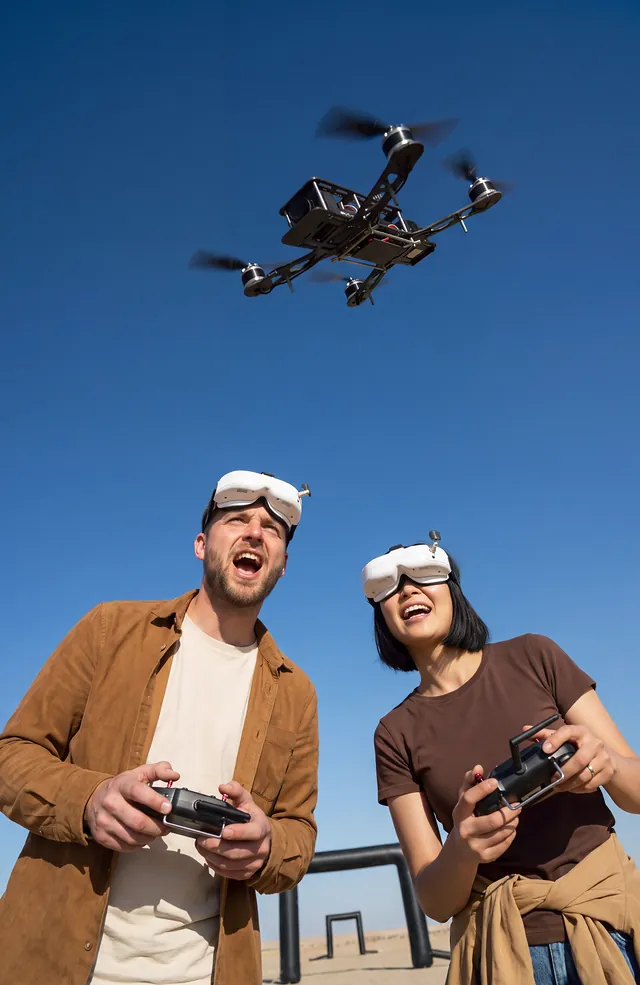 Two guests flying racing drones