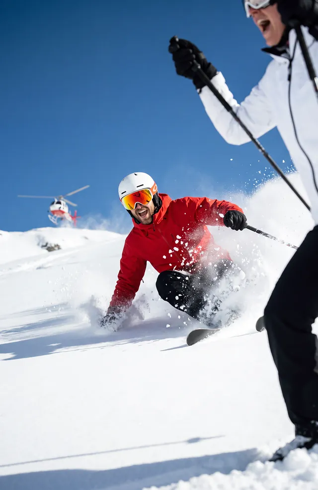 A skier carving through fresh powder snow